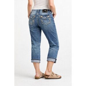 Miss Me Size 29 Boyfriend Capri Jeans Medium Wash Stretch Denim Bling